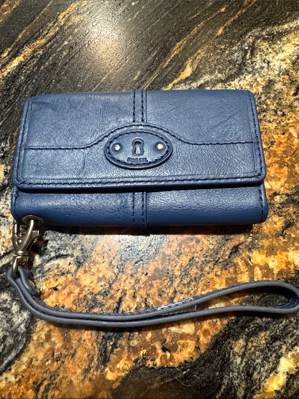 Fossil Navy Blue Leather Wristlet Wallet with Keyhole Detail